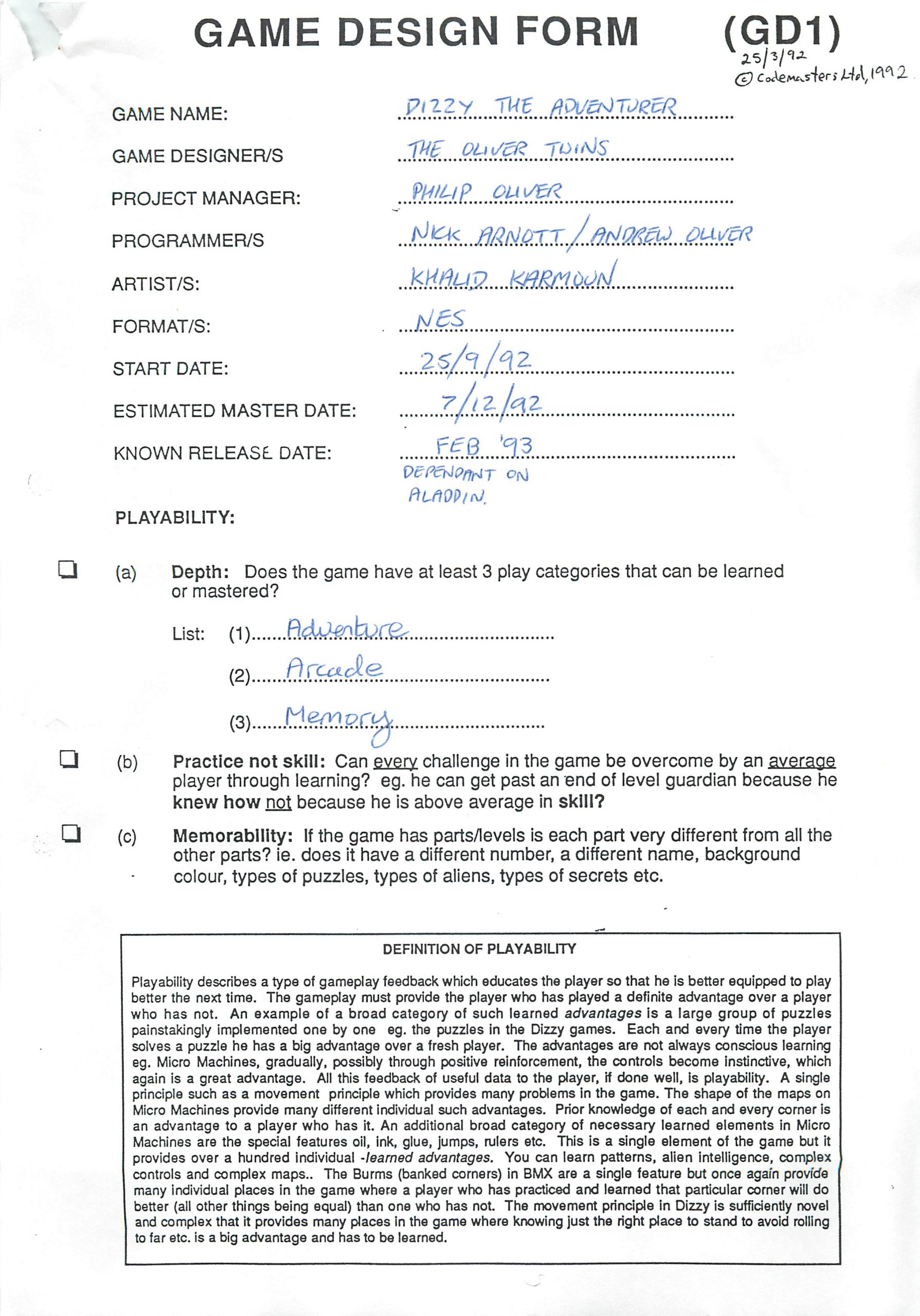 Dizzy The Adventurer - Game Design Form