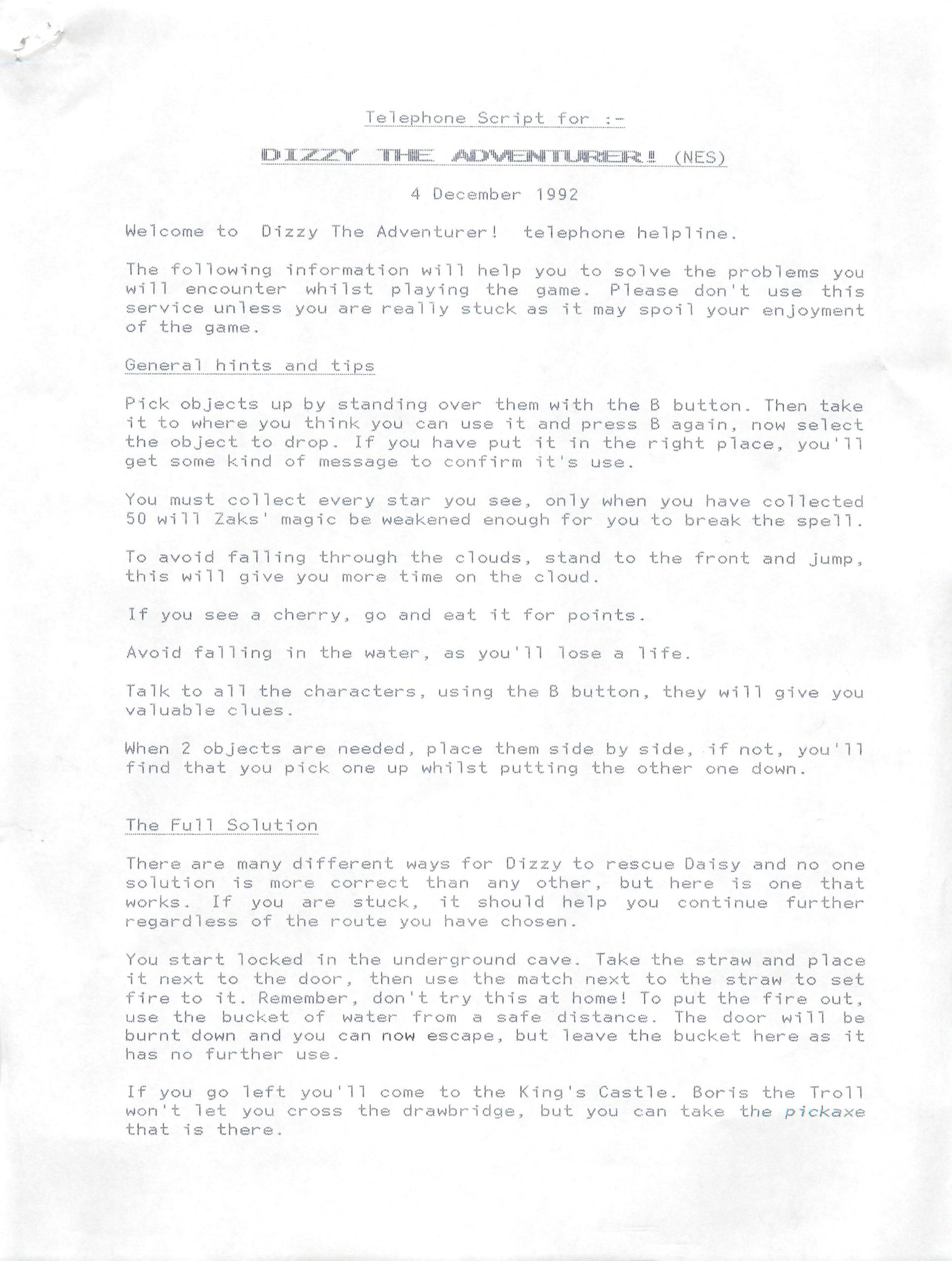 Dizzy The Adventurer - Helpline Transcript #1