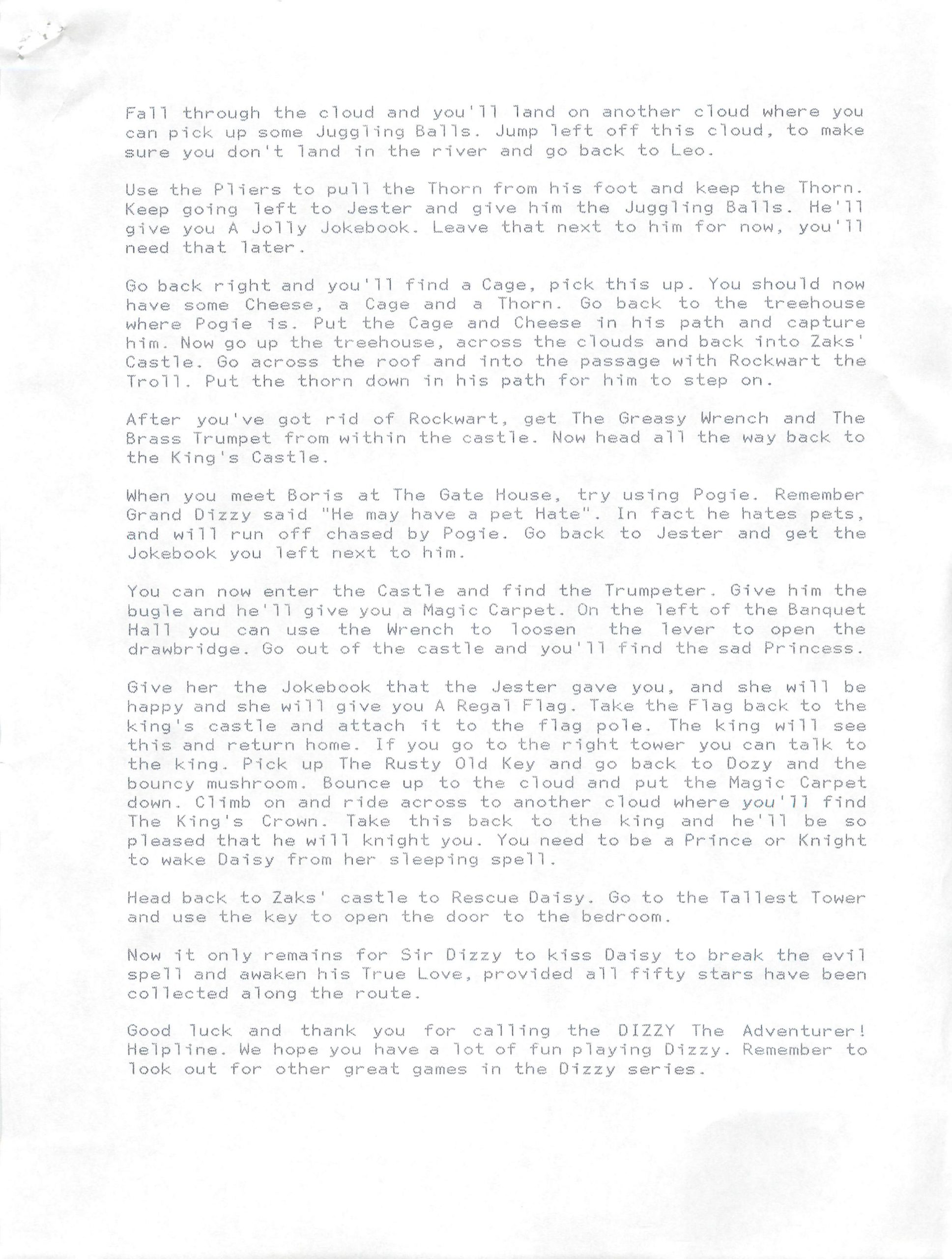 Dizzy The Adventurer - Helpline Transcript #3