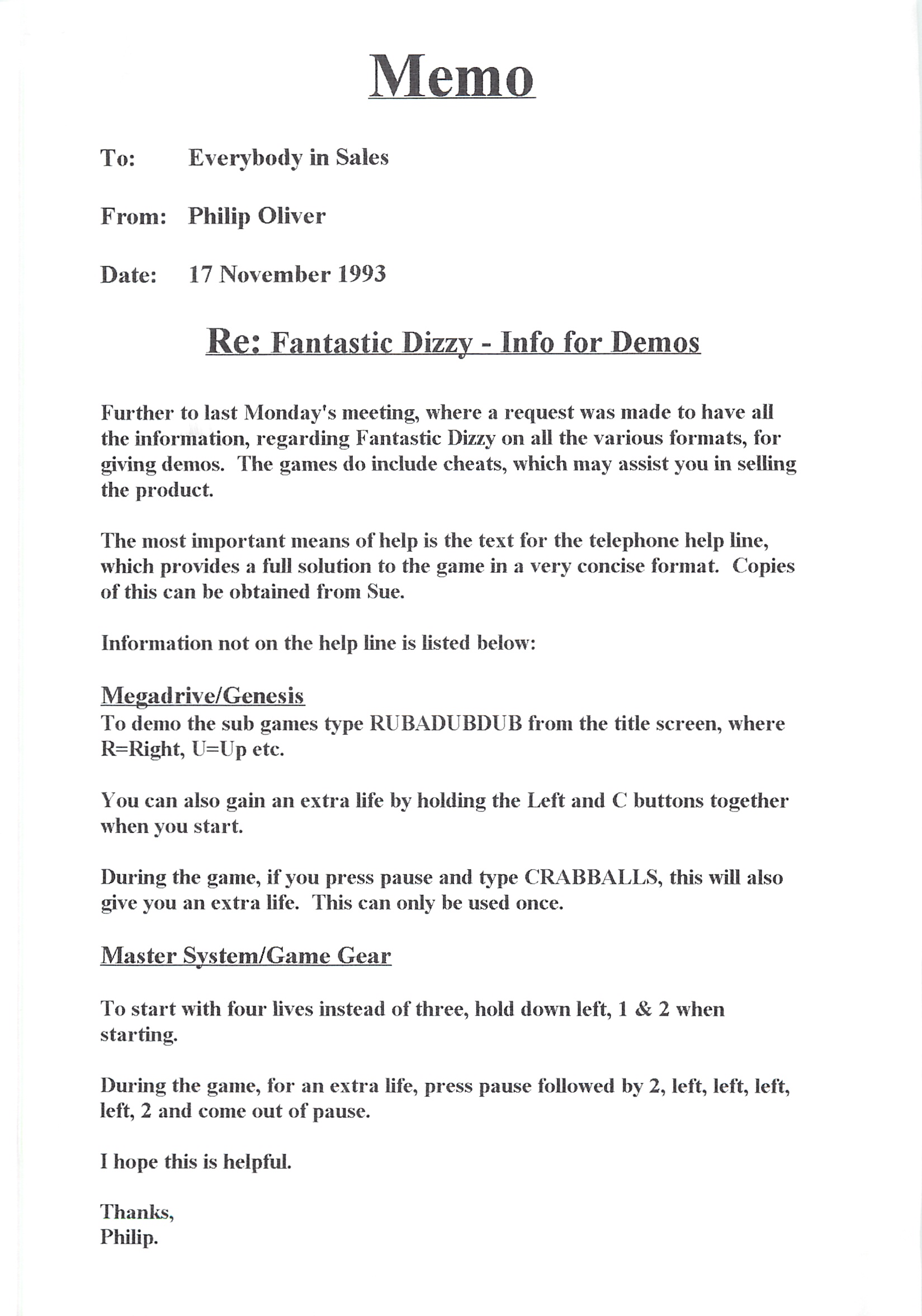 Fantastic Dizzy - Memo: Cheats