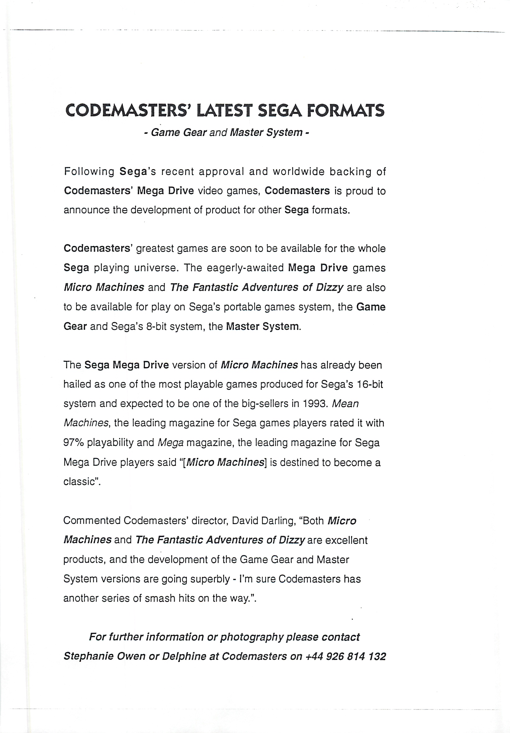 Fantastic Dizzy - Press Release: Sega Formats