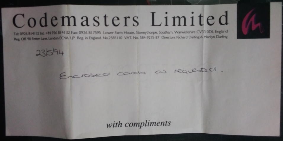 Codemasters Cards Compliment Slip