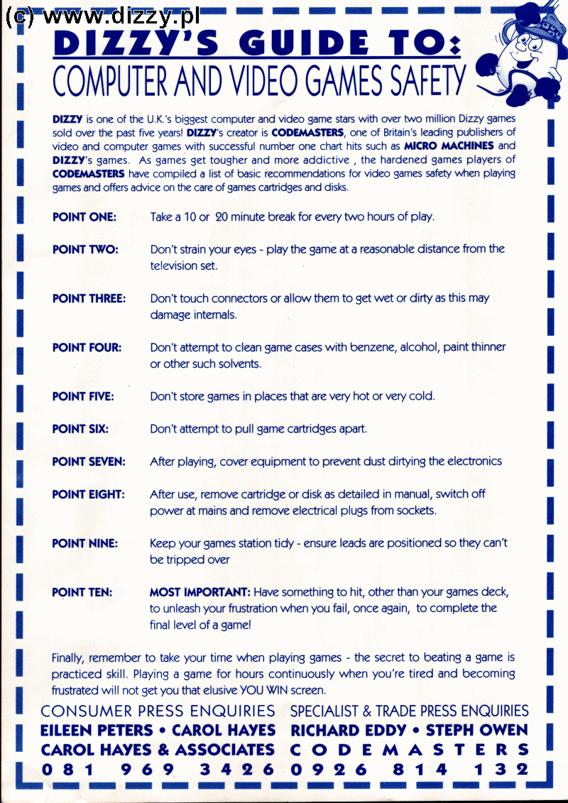Dizzy's Video Game Safety - Back