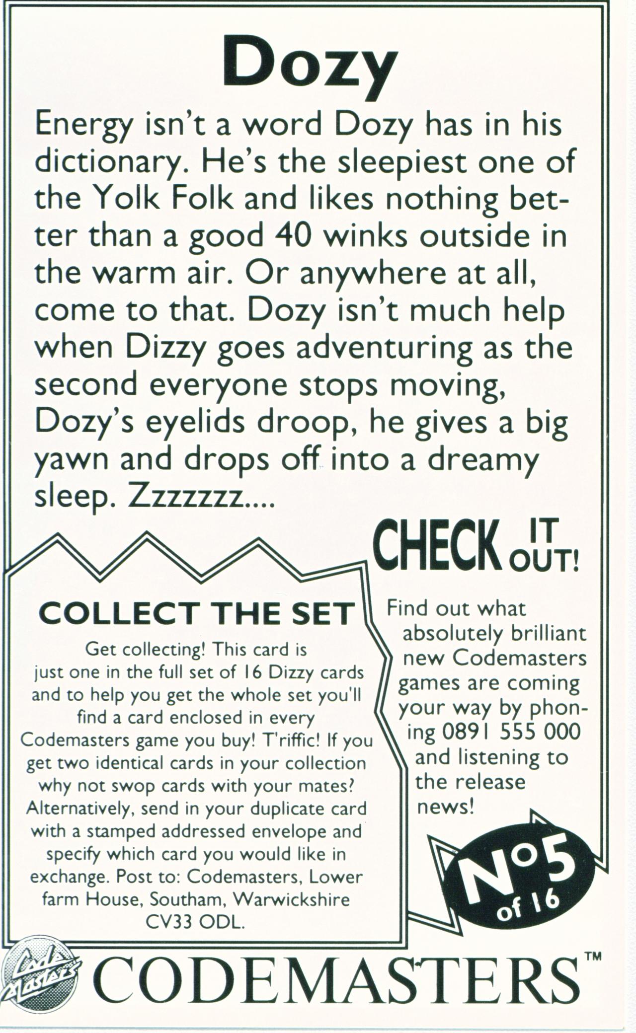 Collectors Cards - Dozy (Back)