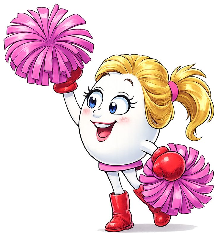 Daisy cheering beside the Yolkfolk.com logo